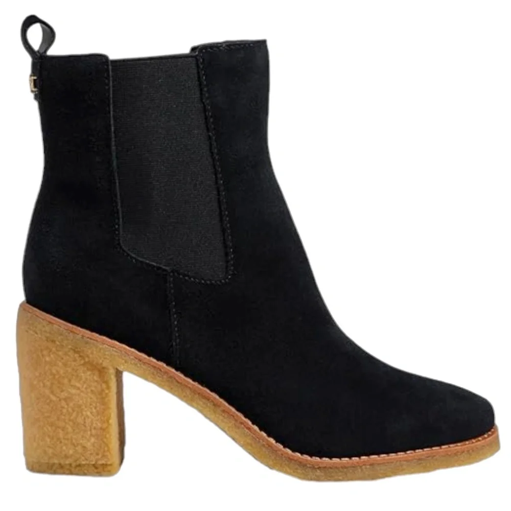 Ralph Lauren Marianna Black Suede Pull-On Chelsea Booties Block Heel Ankle Boots